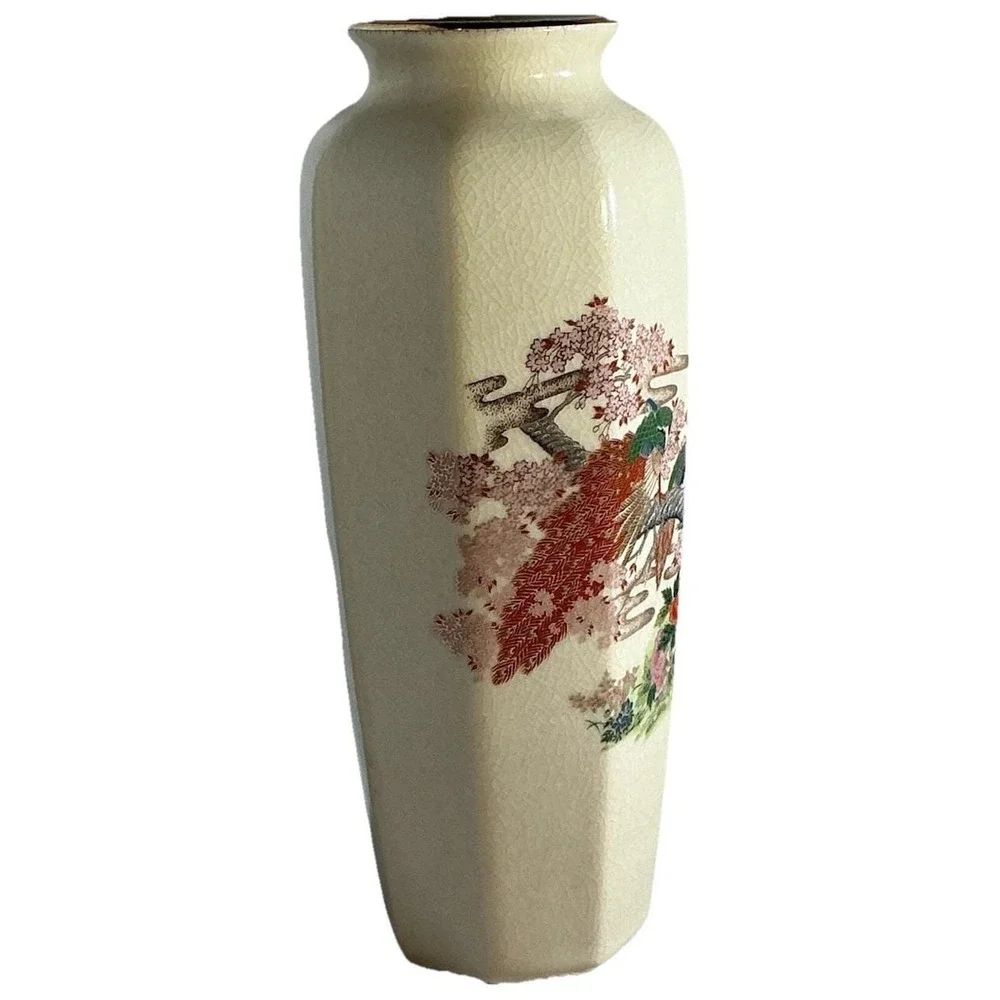 Vintage Japanese Satsuma Peacocks Cherry Blossoms Hexagonal Crackle‎ Glaze Vase
